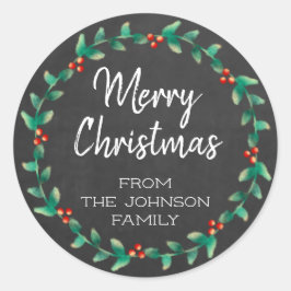 Pegatina Redonda Personalizado Chalkboard Merry Christmas Holly Wre