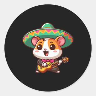 Pegatina Redonda Personalizado Cinco De Mayo Hamster Mariachi Guita