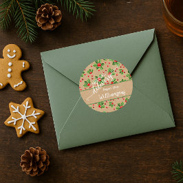 Pegatina Redonda Personalizado Classic Holiday Green Holly Red Berr