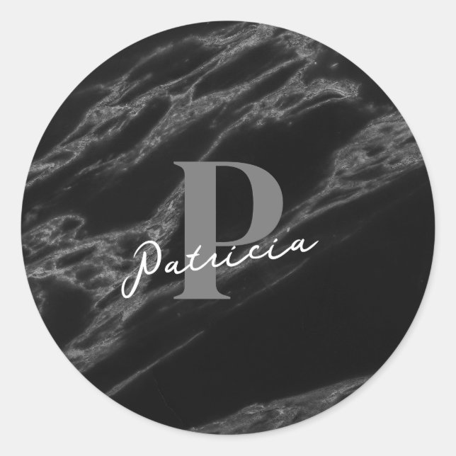 Pegatina Redonda Personalizado con el nombre Marble inicial negro (Anverso)