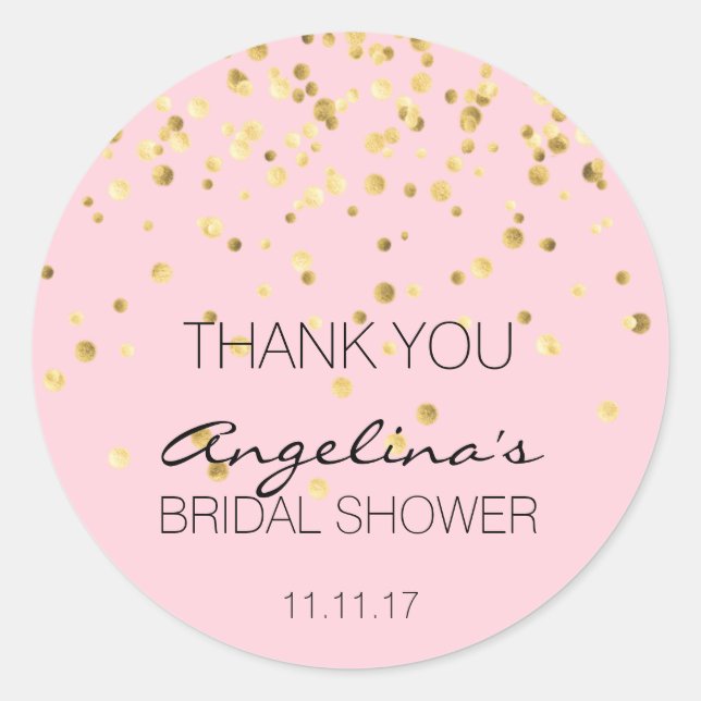 Pegatina Redonda Personalizado Confetti Oro Rosa Ducha Bridal Graci (Anverso)