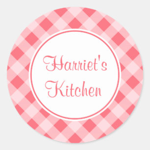 Pegatina Redonda Personalizado Coral Gingham Kitchen Baking Gift Pe