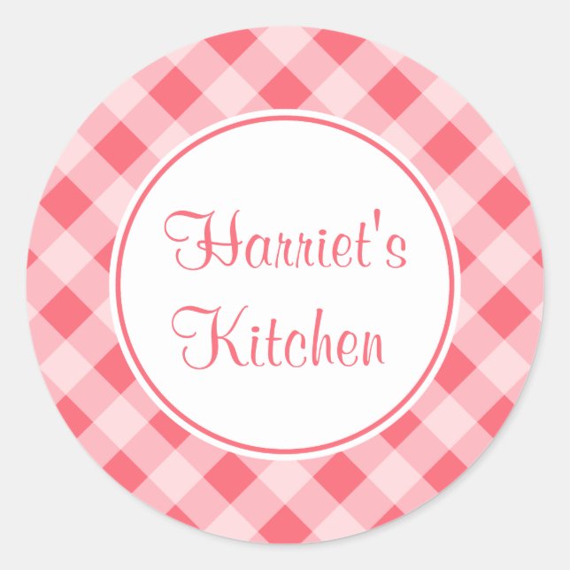 Pegatina Redonda Personalizado Coral Gingham Kitchen Baking Gift Pe (Anverso)