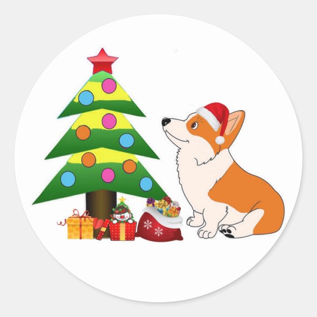 Pegatina Redonda Personalizado Corgi de vacaciones con árbol (Anverso)