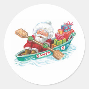 Pegatina Redonda Personalizado cortado Jolly Santa Claus en un barc
