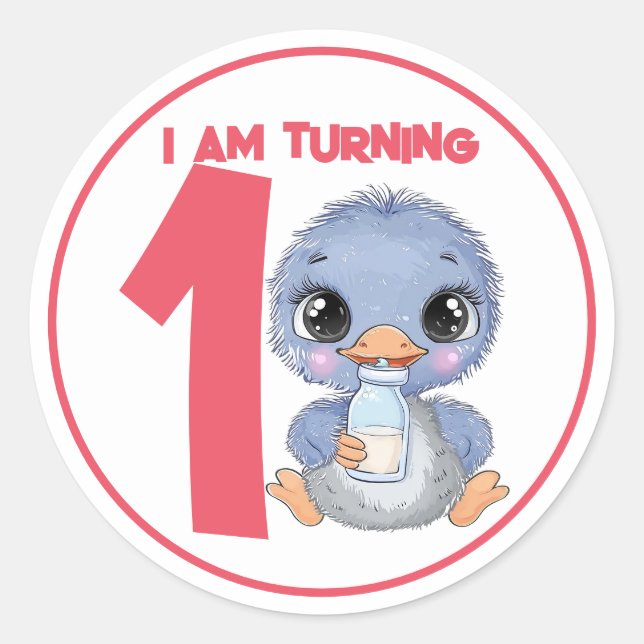Pegatina Redonda Personalizado Cute Baby Emu Cumpleaños (Anverso)