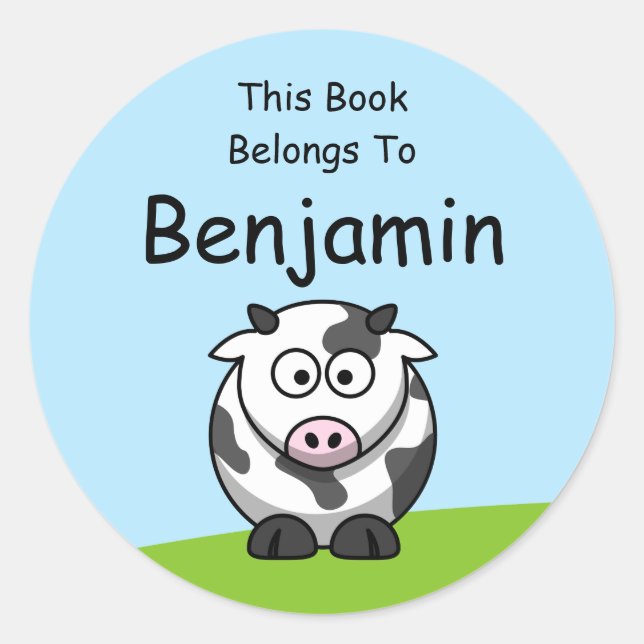 Pegatina Redonda Personalizado Cute Cow Este Libro Pertenece A (Anverso)