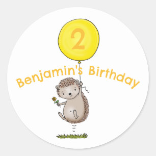 Pegatina Redonda Personalizado Cute hedgehog, cumpleaños personaliz