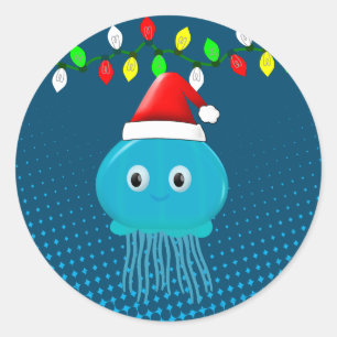 Pegatina Redonda Personalizado Cute Jellyfish Santa Hat Navidades L