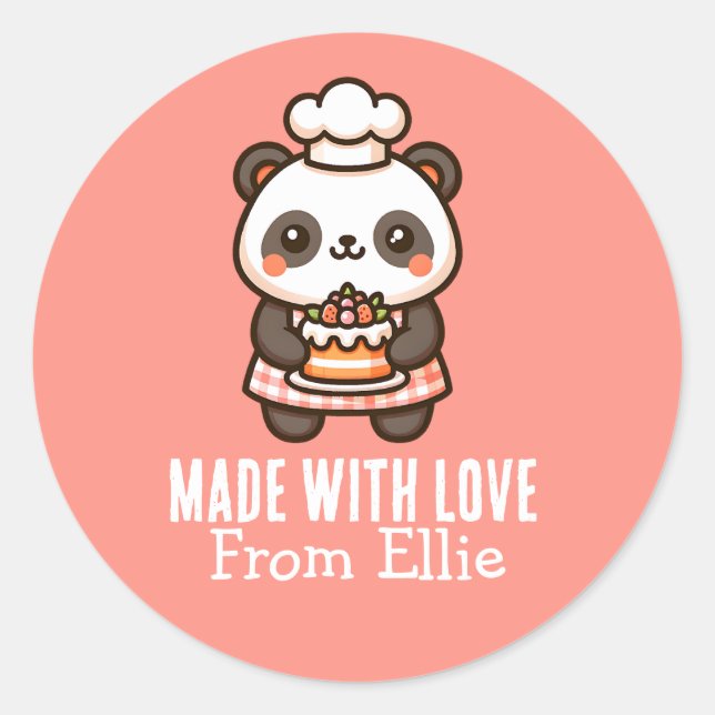 Pegatina Redonda Personalizado Cute Panda Baker hecho con amor (Anverso)