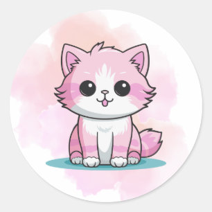 Pegatina Redonda Personalizado de acuarela de gato rosado Kitten An