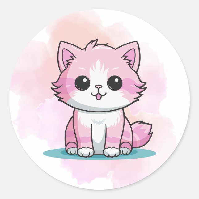 Pegatina Redonda Personalizado de acuarela de gato rosado Kitten An (Anverso)