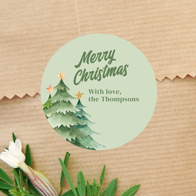 Pegatina Redonda Personalizado de acuarela verde de árboles de Navi (Merry Christmas green Christmas tree gift sticker. )