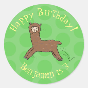Pegatina Redonda Personalizado de alpaca marrón feliz