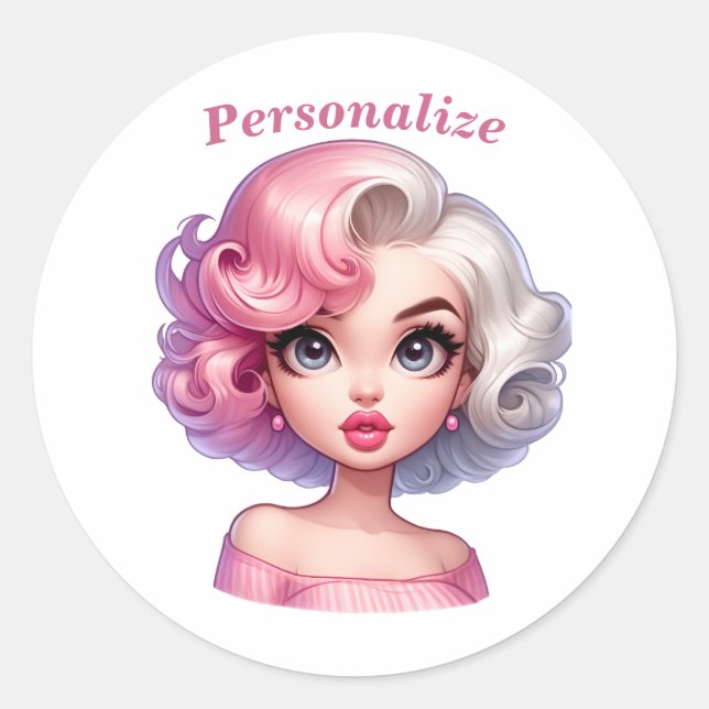 Pegatina Redonda Personalizado de animación Chica de glamour retro  (Anverso)