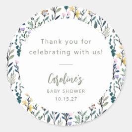 Pegatina Redonda Personalizado de Baby Shower Boho Watercolor Wildf