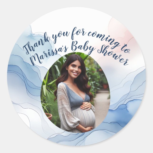 Pegatina Redonda Personalizado de Baby Shower Foto Blue Watercolor  (Anverso)