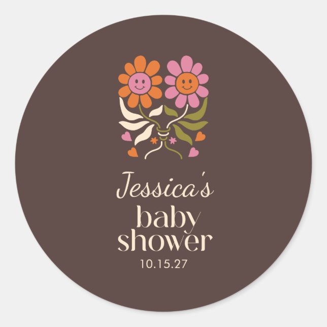 Pegatina Redonda Personalizado de Baby Shower Retro Boho Brown Flow (Anverso)