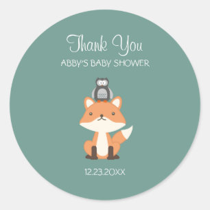 Pegatina Redonda Personalizado de Baby Shower Woodland Fox y Owl Fo