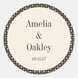 Pegatina Redonda Personalizado de Boda floral de oro negro de media