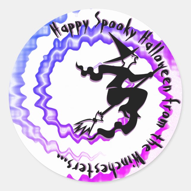 Pegatina Redonda Personalizado de brujas voladoras de Halloween tex (Anverso)