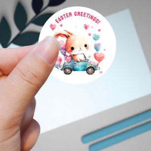 Pegatina Redonda Personalizado de Bunny In Car Easter saludo