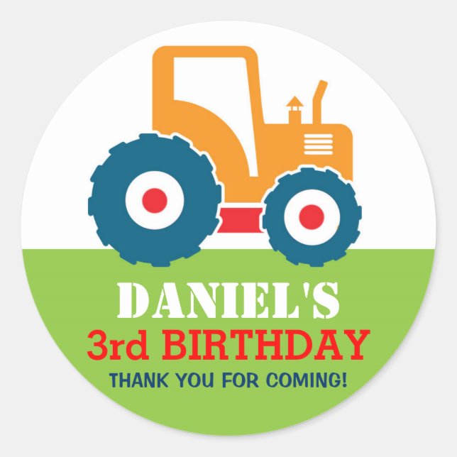Pegatina Redonda Personalizado de Camión Amarillo Niños Fiesta de c (Anverso)