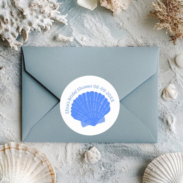 Pegatina Redonda Personalizado  de cascos azules Boda de ducha de n (Blue Seashells CUSTOM Bridal Shower Wedding Classic Round Sticker
)