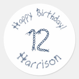 Pegatina Redonda Personalizado de cumpleaños blanco azul de cuerda 