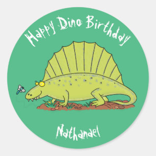 Pegatina Redonda Personalizado de dinosaurios verdes felices de Dim