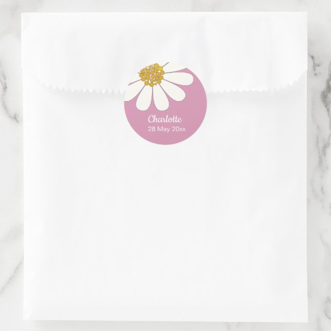 Pegatina Redonda Personalizado de Flor de Daisy Moderno Retro Blanc (Bolso)