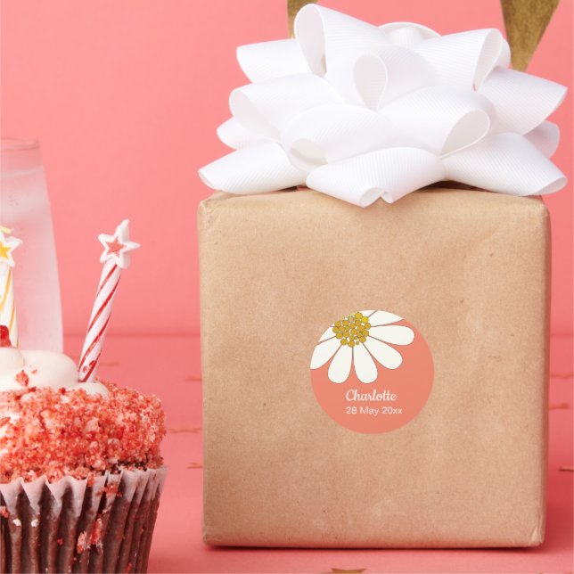 Pegatina Redonda Personalizado de Flor de Daisy Moderno Retro Blanc (Fiesta)