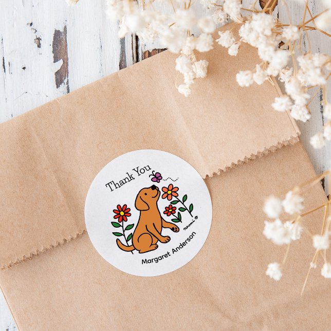 Pegatina Redonda Personalizado de flores de Fox Red Labrador (Fox Red Labrador Flowers Cartoon Stickers for Labrador Owners.  Cute dog design.  Personalized.)