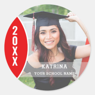 Pegatina Redonda Personalizado de fotografía de graduación en rojo