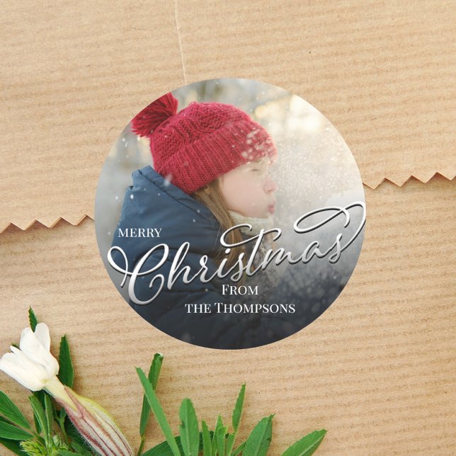 Pegatina Redonda Personalizado de fotos de escritura navideña de Fe (Simple calligraphy script photo label with a simple full bleed photo template. )