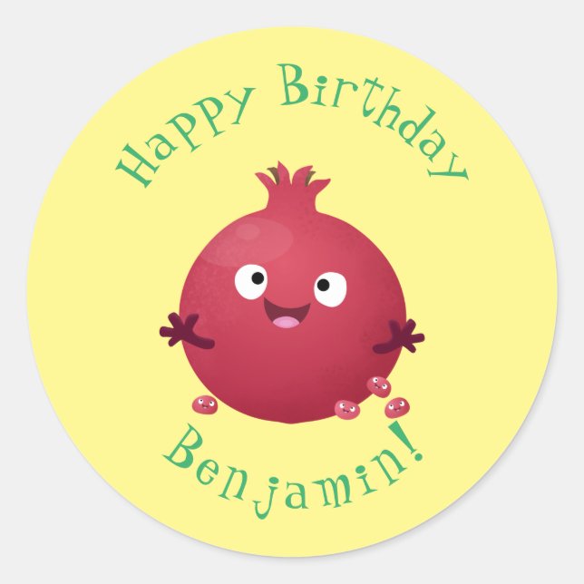 Pegatina Redonda Personalizado de frutas pomegranadas alegres (Anverso)