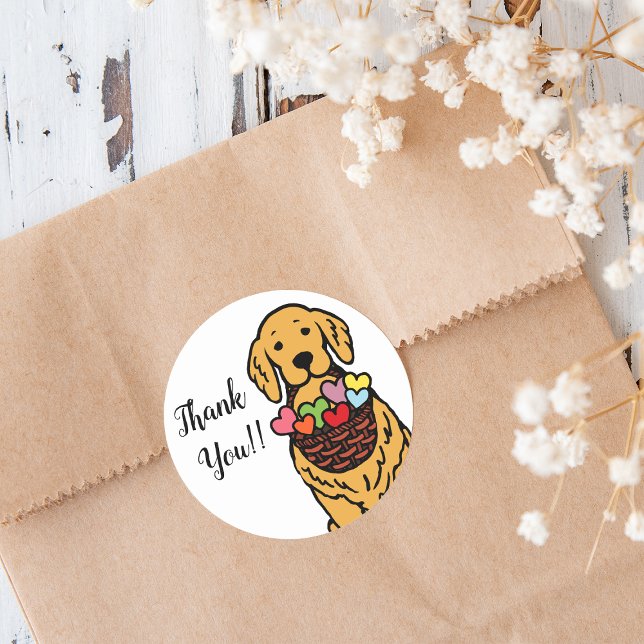 Pegatina Redonda Personalizado de Golden Retriever Gracias (Golden Retriever Cartoon Thank You Sticker for Golden Retriever Owners.  Captured sweet expression.)