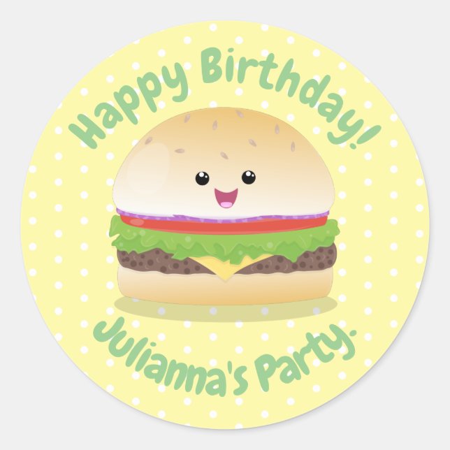 Pegatina Redonda Personalizado de hamburguesa kawaii feliz (Anverso)