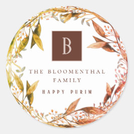 Pegatina Redonda Personalizado de hojas de otoño de Happy Purim