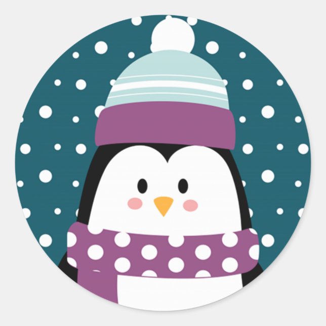 Pegatina Redonda Personalizado de invierno lindo Penguin Snowflake (Anverso)
