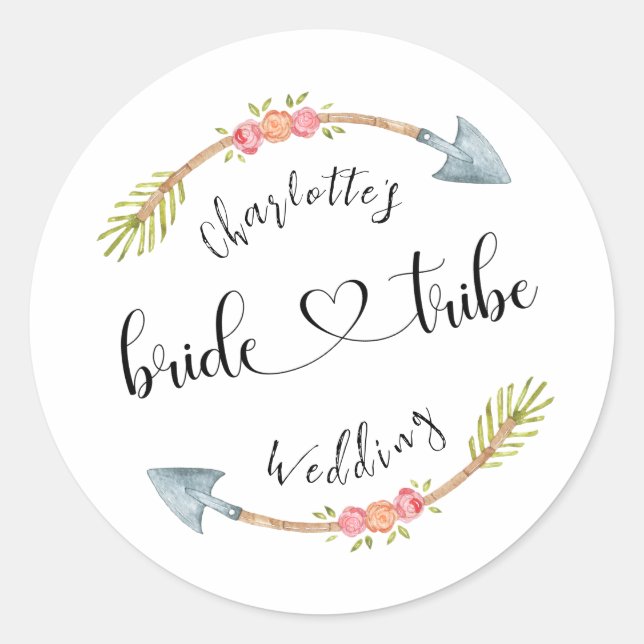Pegatina Redonda Personalizado de la tribu de novias acuarela Boho  (Anverso)