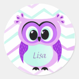 Pegatina Redonda Personalizado de lechuza morada y lila
