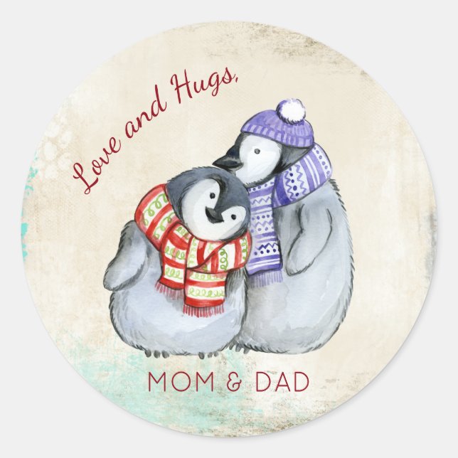 Pegatina Redonda Personalizado de los Navidades de Cuddlong Penguin (Anverso)