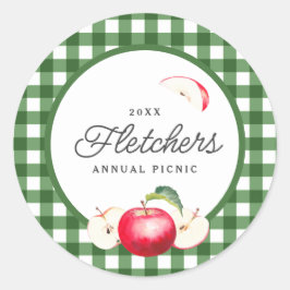 Pegatina Redonda Personalizado de Manzanas Rojas y Gingham Verde