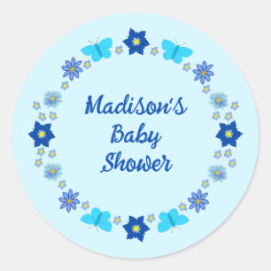 Pegatina Redonda Personalizado de mariposas y flores Blue Baby Boy