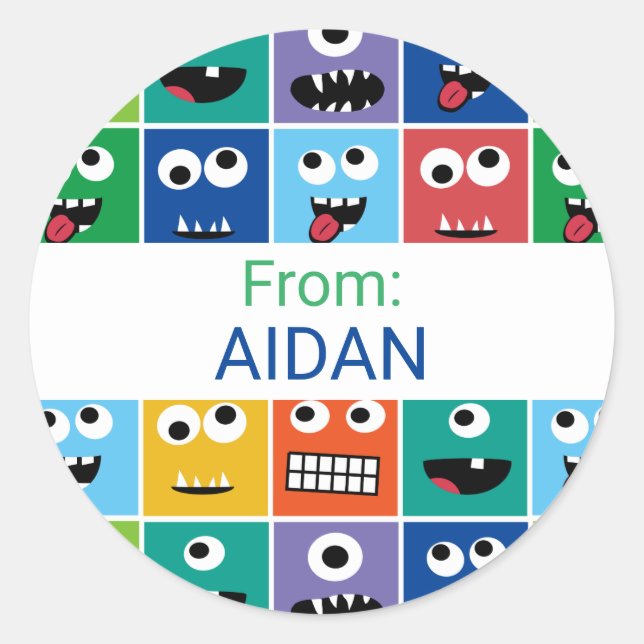 Pegatina Redonda Personalizado de Monstruo Infantil Personalizado F (Anverso)