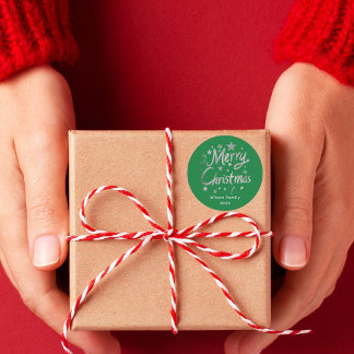 Pegatina Redonda Personalizado de Navidad de Feliz Feliz Verde con 