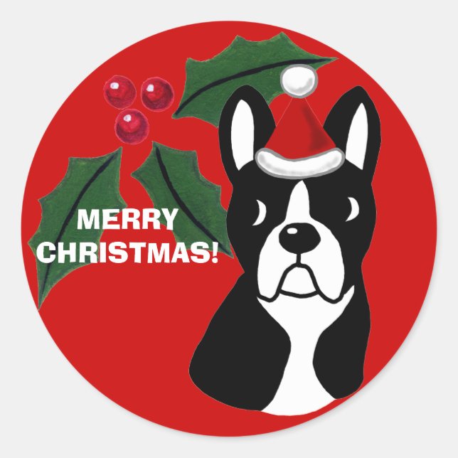 Pegatina Redonda Personalizado de Navidades de Boston Terrier (Anverso)