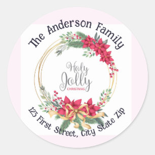 Pegatina Redonda Personalizado de Navidades de Watercolor Holly Wre