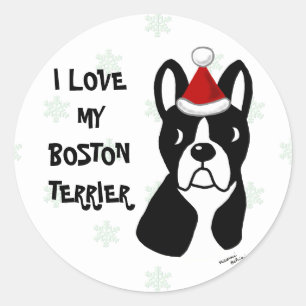 Pegatina Redonda Personalizado de Navidades Terrier de Boston Snowf
